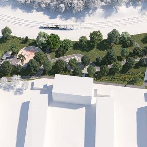 Architectural illustration of the park, seen from above with adjacent buildings and infrastructure included. 