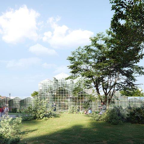 Illustration of the new greenhouses seen from the ground, large greenhouses with a park and people in front. 