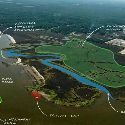 Sky view of the project area, with explanation of the project's restoration activities