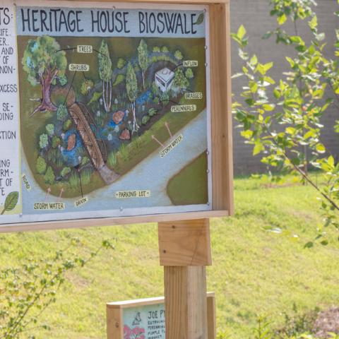 this sign describes the main benefits of the bioswale