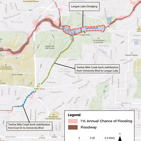 Three Mile Creek Watershed Restoration in Mobile (US), stabilize the bank and stream along Twelve Mile Creek and dredging and restoration of Langan Park Lake