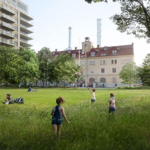 A digital illustration of children playing in a park with tall grass, trees and buildings in the background
