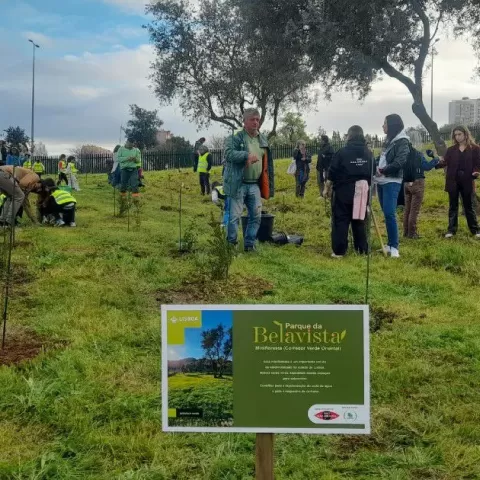 The image shows volunteers at the tree planting event.