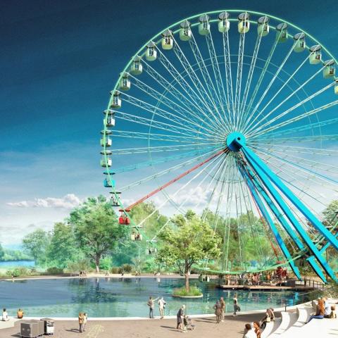 Envisioned look of the Ferris wheel and retention pond