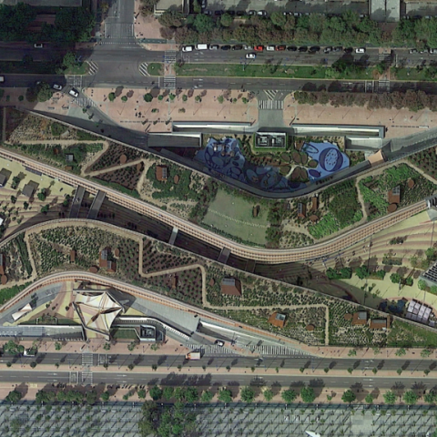 The green roof from above, showing a mosaic of different vegetation types. 