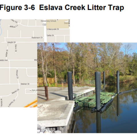 Example of a cleaning solution for the creeks in Mobile - litter traps - here picture and the location of the litter trap implemented in Eslava Creek 
