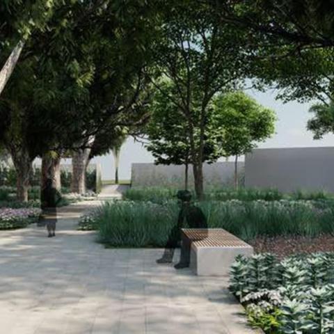 Digital illustration of people sitting on benches in the shadow by a stone path, surrounded by trees, bushes and flowers