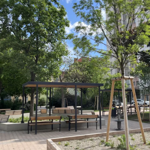 Trees and bench-table areas were added to the park
