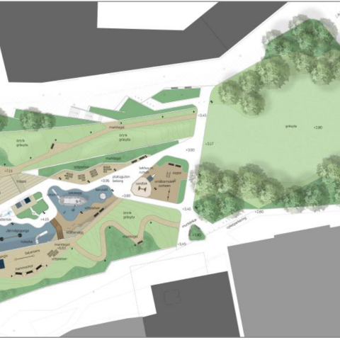 The layout of the park illustrated from above. At the centre of the park, there is a playground and lots of paths and amenities, while the surrounding area is mostly green including trees.