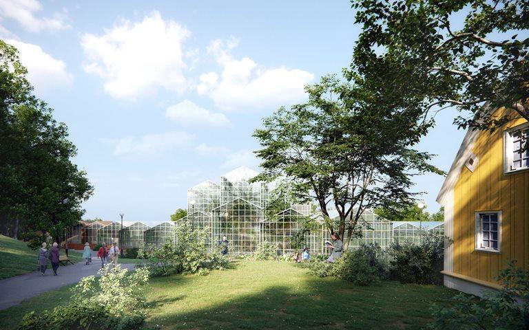 Illustration of the new greenhouses seen from the ground, large greenhouses with a park and people in front. 