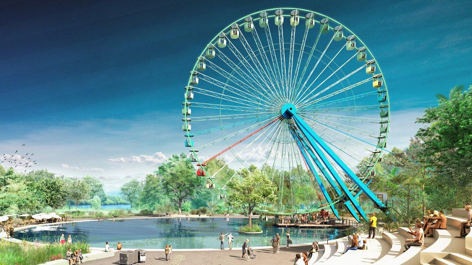 Envisioned look of the Ferris wheel and retention pond